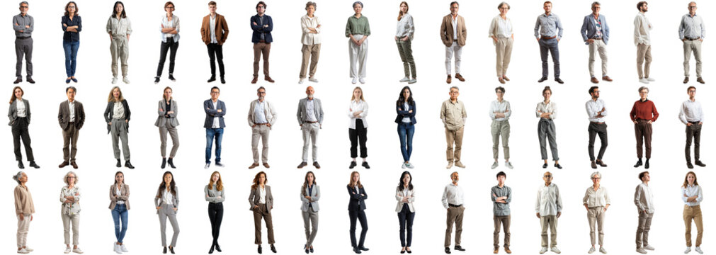 Many business people set isolated background, casual formal attire wear, full body length, networking mixed different diversed businesspeople, happy male female, successful career, crisp edges style