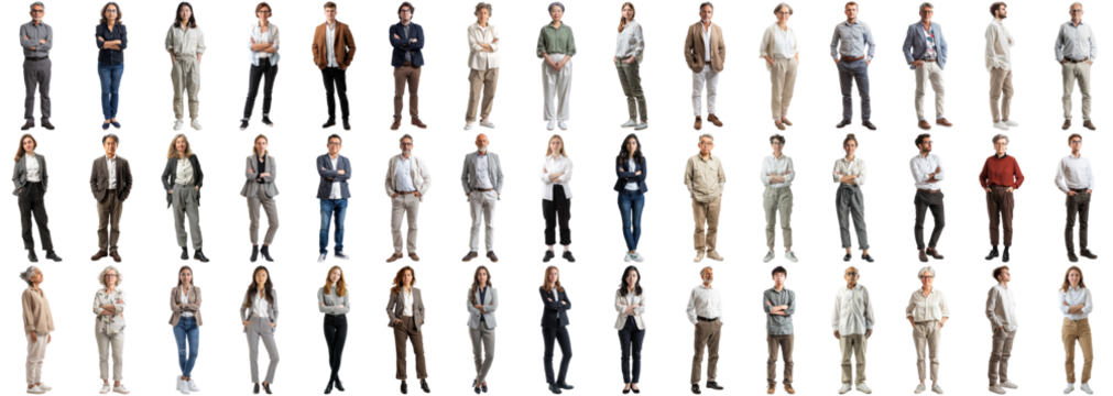 Many business people set isolated background, casual formal attire wear, full body length, networking mixed different diversed businesspeople, happy male female, successful career, crisp edges style
