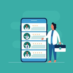 Businessman Choose doctor online, best medical staff search in mobile app