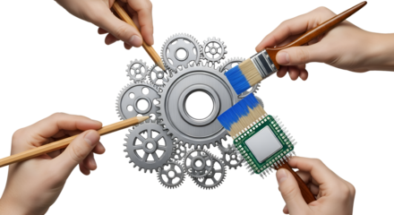 Hands Manipulate Gears with Pencils and Circuit Board Paintbrush on Transparent Background