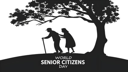 Elderly couple walking together under a tree silhouette celebrating senior citizens day
