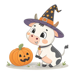 cute Highland cow in a Halloween theme sits on a pumpkin  White Background
