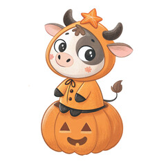 cute Highland cow in a Halloween theme sits on a pumpkin  White Background