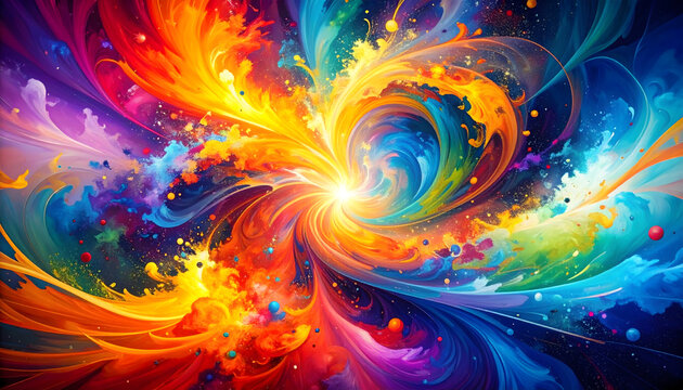 Abstract explosion of vibrant colors radiating from a central point with dynamic swirls and energy