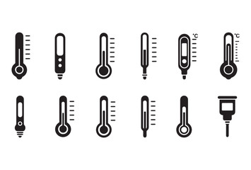 Collection of black thermometer icons displayed on a clean white background. Includes variations of medical thermometers, digital thermometers, and simple temperature measurement symbols. Suitable for