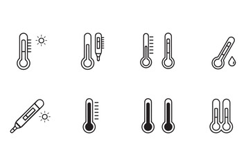 Collection of black thermometer icons displayed on a clean white background. Includes variations of medical thermometers, digital thermometers, and simple temperature measurement symbols. Suitable for