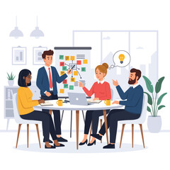 A team of professionals collaborating in a modern office setting, brainstorming ideas and strategies.
