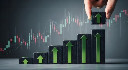 Hand adding a black block with a green arrow to a rising stack, with a financial chart background. Concept: Financial growth, stock market success, and investment strategy.