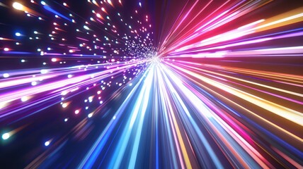 Naklejka premium Vibrant pink and blue light beam radiating from a central point. Digital art for design and print of speed effect with glowing vibrant color of light and dark background. Dynamic laser shining. AIG53.