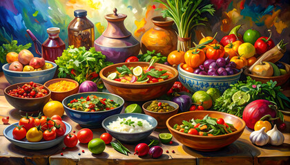 Abundance of Colorful Vegetables and Fruits on Rustic Table Arrangement with Various Bowls Displaying Healthy Food Options