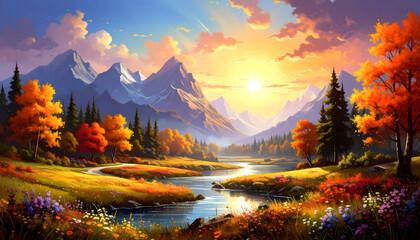 Autumn Landscape With Vibrant Sunset Over Mountain Range And Reflective River Under Golden Sky