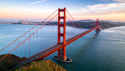 Golden Gate Bridge Spanning The Bay At Sunset With City Buildings In The Background