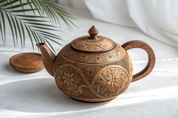 Ornate carved wooden teapot with lid and palm leaf