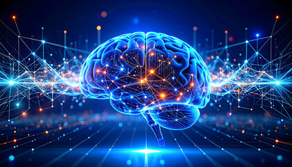 Digital Rendering of a Glowing Blue Brain with Connected Neurons and Futuristic Technological Network on Dark Background