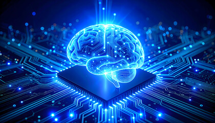 Illuminated Blue Brain Shape Centered Above Processor Chip With Circuitry Lines Technology Concept