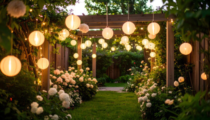 Garden Pathway Illuminated By Glowing Lanterns And Fairy Lights Surrounded By Lush Green Foliage And White Rose Bushes