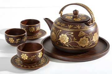 Ornate tea set with teapot and three tea cups