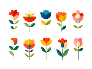 Stylized floral illustrations in vibrant colors isolated on a transparent background flowers nature
