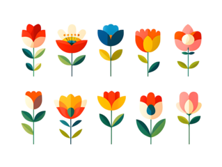 Stylized floral illustrations in vibrant colors isolated on a transparent background flowers nature