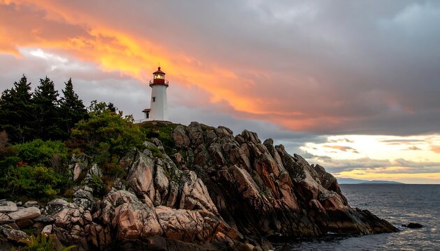 Coastal lighthouse on rocky cliff at sunset, dramatic sky