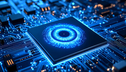 Close Up Shot Of A Blue Glowing Electronic Circuit Board And Microchip Featuring Futuristic Technology