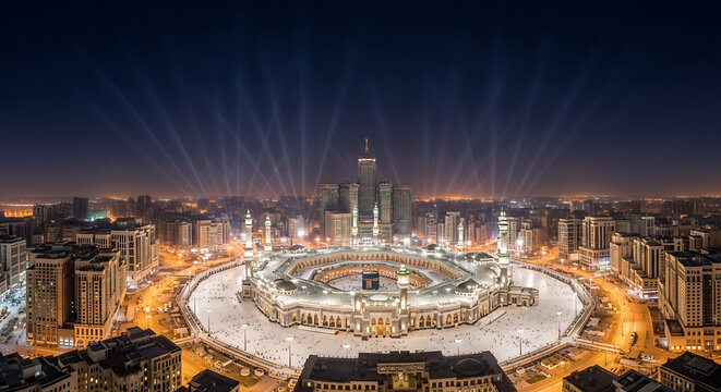 Mecca at Night A Mesmerizing Aerial View of the Grand Mosque and Surrounding City