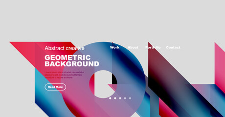 Modern website header design. Vibrant geometric shapes, text overlay, navigation menu present. Clean aesthetic, professional look.