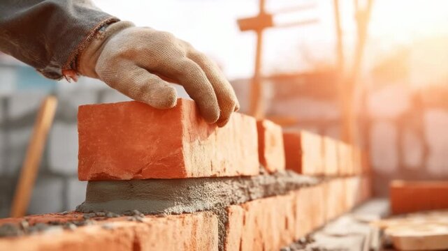 Close-up bricklayer laying bricks to build a wall in construction site with sunlight