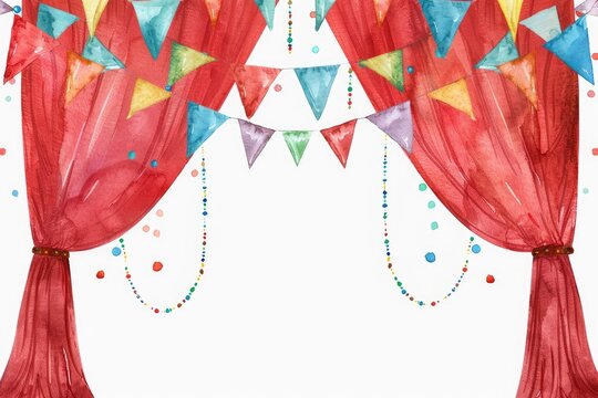 Festive red curtains, bunting, beads; celebratory backdrop