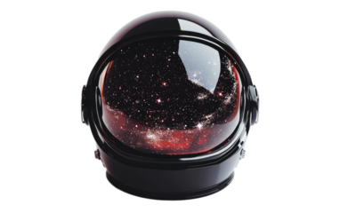 Astronaut helmet reflecting stars and nebula isolated on white background