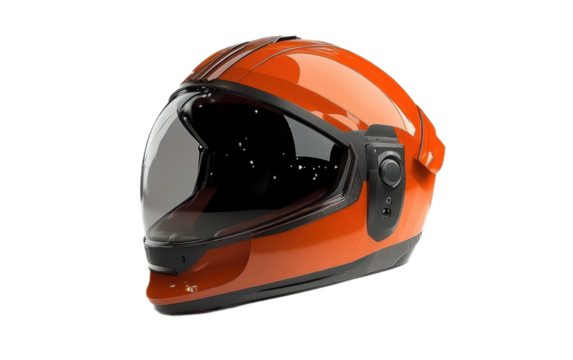 Bright orange motorcycle helmet with tinted visor isolated on white background