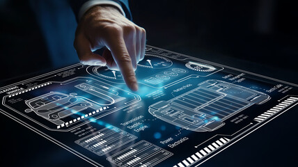 Futuristic Technology Interface Display with Person Interacting with Digital Dashboard in Dimly Lit Environment