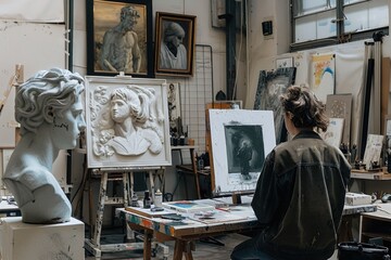 A vibrant studio where human artists and AI collaborate to create stunning art. The space is filled with canvases, sculptures, and digital tools. AI assists with technical aspects and inspiration