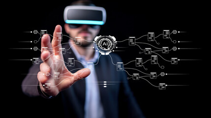 Man in Virtual Reality Headset Engaging with Futuristic Digital Interface Representing Artificial Intelligence Technology and Data Connections