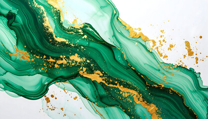 Emerald Green Fluid Abstract Art With Golden Glitter Against A White Background
