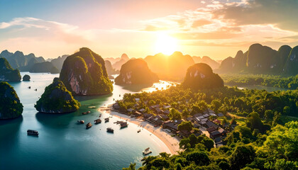 Aerial View of Tropical Islands and Azure Water Under a Golden Sunset Sky