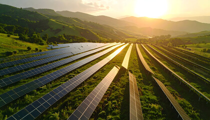 Aerial View Of Solar Panels On A Green Hillside With Mountain Background And Golden Sunset Lighting