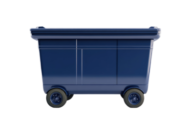 Dark blue industrial trash bin with wheels isolated on white background
