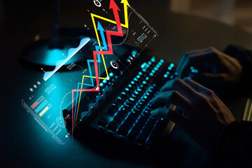 Futuristic Workspace with Statistical Graphs and Hands on Keyboard, Emphasizing Data Analysis and Modern Technology Concepts in Business Environment