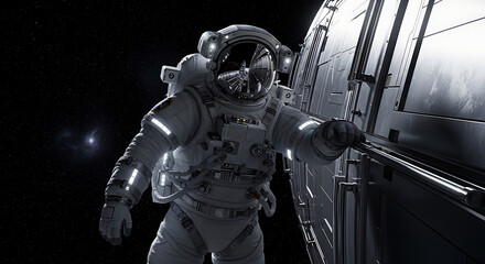 Fototapeta premium Astronaut in a advanced spacesuit conducts vital work in the silence of deep space, a testament to humanity's ongoing space exploration and ambitious cosmic endeavors.