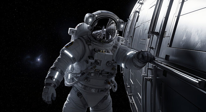 Astronaut in a advanced spacesuit conducts vital work in the silence of deep space, a testament to humanity's ongoing space exploration and ambitious cosmic endeavors.