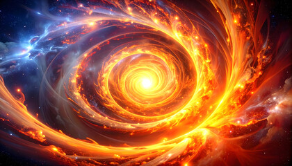 Abstract Digital Artwork of a Glowing Spiral Energy Formation within a Cosmic Nebula Background