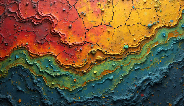 fondo de textura grunge abstracto con colores vibrantes de tonos mostaza y azul petr&oacute;leo rojo quemado se entrelaza con el verde lima creando un contraste vibrante.