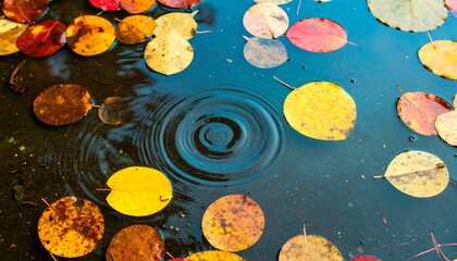 Colorful autumn leaves float on dark water, concentric ripples spreading from a central point