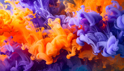 Vibrant Abstract Composition Featuring Orange and Purple Ink Blending in a Dynamic Swirling Cloud like Formation