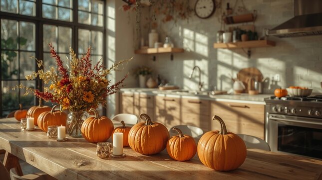 Modern kitchen with natural sunlight, wooden table decorated with pumpkins, candles, and autumn flowers, cozy fall vibes, interior stock photo - Powered by Adobe