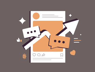 Social media growth with rising engagement metrics, comments and likes, showing increasing online interaction. Audience communication for social media marketing flat vector illustration