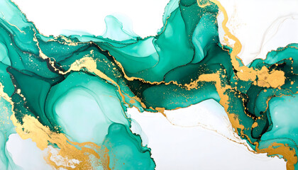 Abstract Fluid Art with Emerald Green and Gold Splashes on White Background