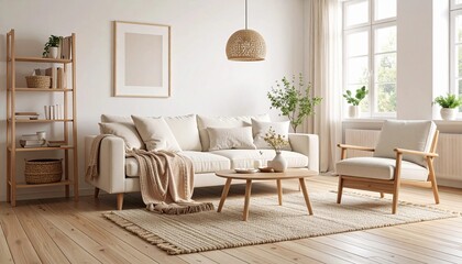 Scandinavian style living room, white walls, wooden floor, soft neutral furniture, cozy blanket on sofa, warm interior design, natural lighting