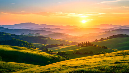 Golden Sunset Over Rolling Hills and Green Meadows with Warm Sunlight and Atmospheric Haze